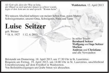 Traueranzeige von Luise Seitzer von Gmünder Tagespost