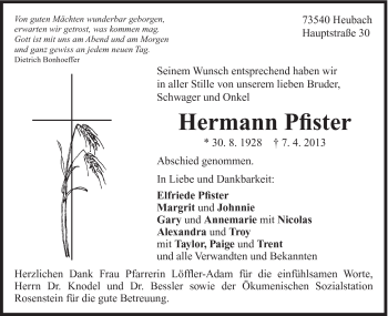 Traueranzeige von Hermann Pfister von Gmünder Tagespost