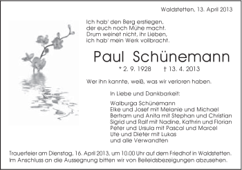 Traueranzeige von Paul Schünemann von Gmünder Tagespost