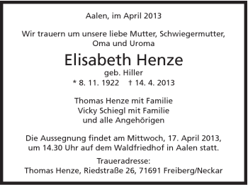 Traueranzeige von Elisabeth Henze von Schwäbische Post