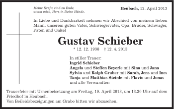 Traueranzeige von Gustav Schieber von Gmünder Tagespost