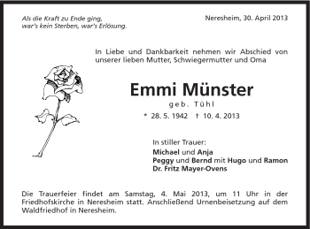 Traueranzeige von Emmi Münster von Schwäbische Post