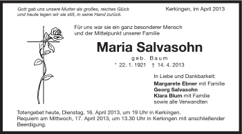 Traueranzeige von Maria Salvasohn von Schwäbische Post