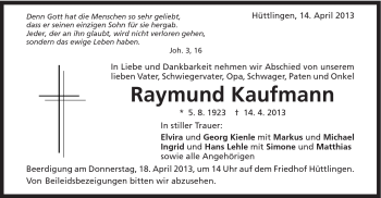 Traueranzeige von Raymund Kaufmann von Schwäbische Post