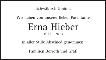 Traueranzeige von Erna Hieber von Gmünder Tagespost