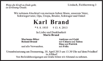 Traueranzeige von Karl Brand von Gmünder Tagespost