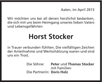 Traueranzeige von Horst Stocker von Schwäbische Post