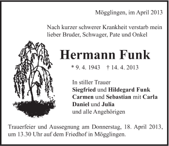 Traueranzeige von Hermann Funk von Gmünder Tagespost