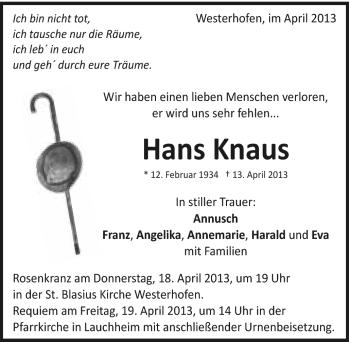 Traueranzeige von Hans Knaus von Schwäbische Post
