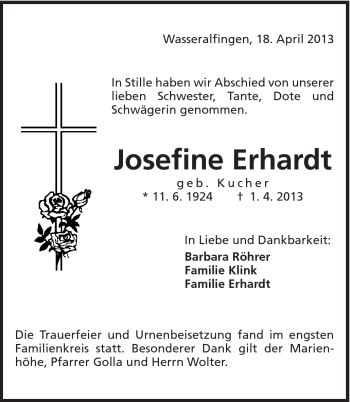 Traueranzeige von Josefine Erhardt von Schwäbische Post