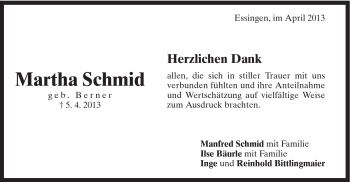 Traueranzeige von Martha Schmid von Schwäbische Post