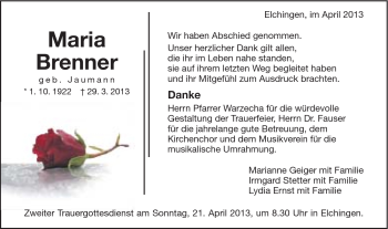 Traueranzeige von Maria Brenner von Schwäbische Post