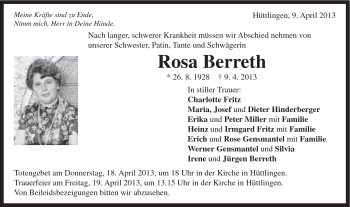 Traueranzeige von Rosa Berreth von Schwäbische Post