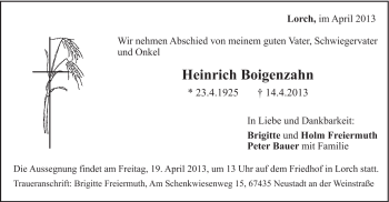 Traueranzeige von Heinrich Boigenzahn von Gmünder Tagespost