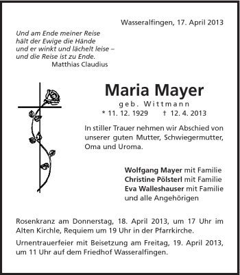 Traueranzeige von Maria Mayer von Schwäbische Post