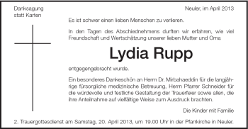 Traueranzeige von Lydia Rupp von Schwäbische Post