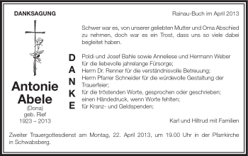 Traueranzeige von Antonie Abele von Schwäbische Post