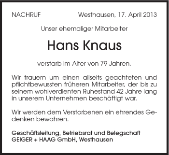 Traueranzeige von Hans Knaus von Schwäbische Post