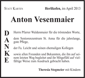 Traueranzeige von Anton Vesenmaier von Gmünder Tagespost