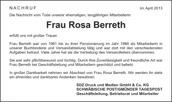 Traueranzeige von Rosa Berreth von Schwäbische Post