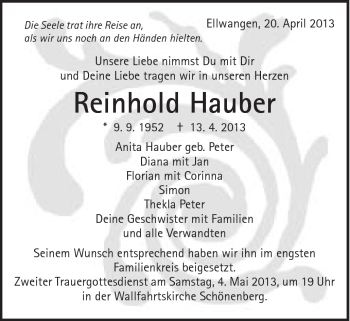 Traueranzeige von Reinhold Hauber von Schwäbische Post