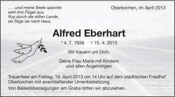 Traueranzeige von Alfred Eberhart von Schwäbische Post