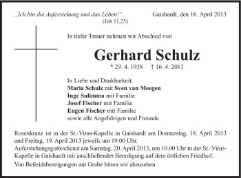 Traueranzeige von Gerhard Schulz von Schwäbische Post