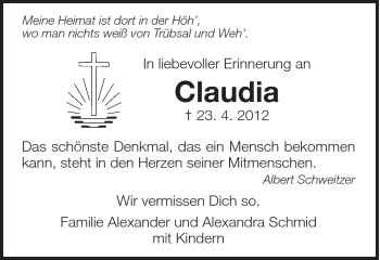 Traueranzeige von Claudia Schmid von Schwäbische Post