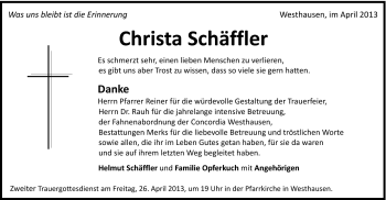 Traueranzeige von Christa Schäffler von Schwäbische Post