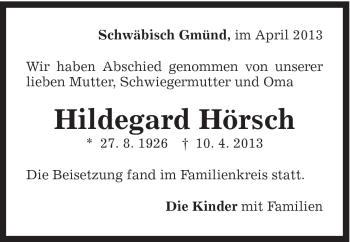 Traueranzeige von Hildegard Hörsch von Gmünder Tagespost