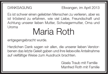 Traueranzeige von Maria Roth von Schwäbische Post