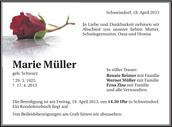 Traueranzeige von Marie Müller von Schwäbische Post