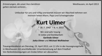 Traueranzeige von Kurt Ulmer von Schwäbische Post