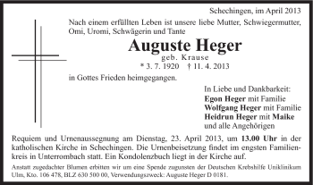 Traueranzeige von Auguste Heger von Gmünder Tagespost