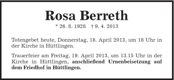 Traueranzeige von Rosa Berreth von Schwäbische Post