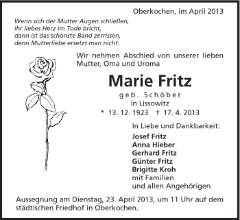 Traueranzeige von Marie Fritz von Schwäbische Post