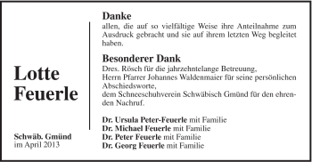 Traueranzeige von Lotte Feuerle von Gmünder Tagespost