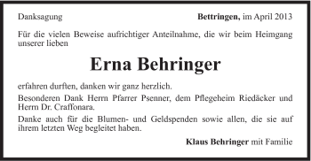 Traueranzeige von Erna Behringer von Gmünder Tagespost