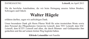 Traueranzeige von Walter Hägele von Gmünder Tagespost