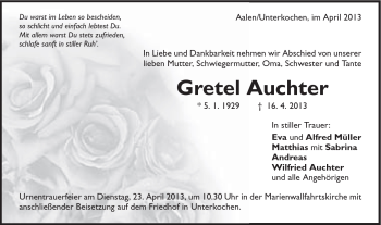 Traueranzeige von Gretel Auchter von Schwäbische Post