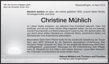 Traueranzeige von Christine Mühlich von Schwäbische Post