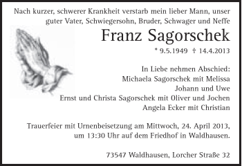 Traueranzeige von Franz Sagorschek von Gmünder Tagespost