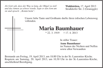 Traueranzeige von Maria Baumhauer von Gmünder Tagespost
