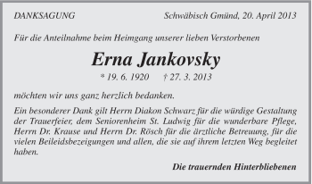 Traueranzeige von Erna Jankovsky von Gmünder Tagespost