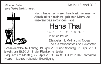 Traueranzeige von Hans Thal von Schwäbische Post