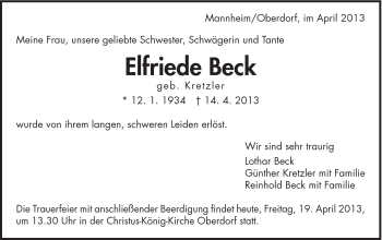 Traueranzeige von Elfriede Beck von Schwäbische Post