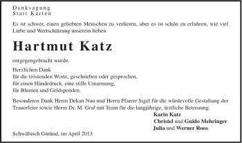 Traueranzeige von Hartmut Katz von Gmünder Tagespost