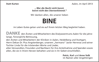Traueranzeige von BINE . von Schwäbische Post