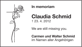 Traueranzeige von Claudia Schmid von 082