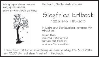 Traueranzeige von Siegfried Erlbeck von Gmünder Tagespost